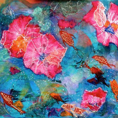 Floating Hibiscus - Acrylic and Collage 40 x 50 cm
