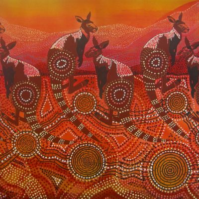 Kangaroos at Watering Hole - Screen Print and Airbrush. 100  x 100 cm
