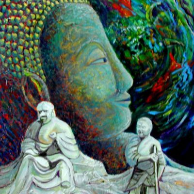 Budha and Monks - Acrylic 70 x 60 cm 